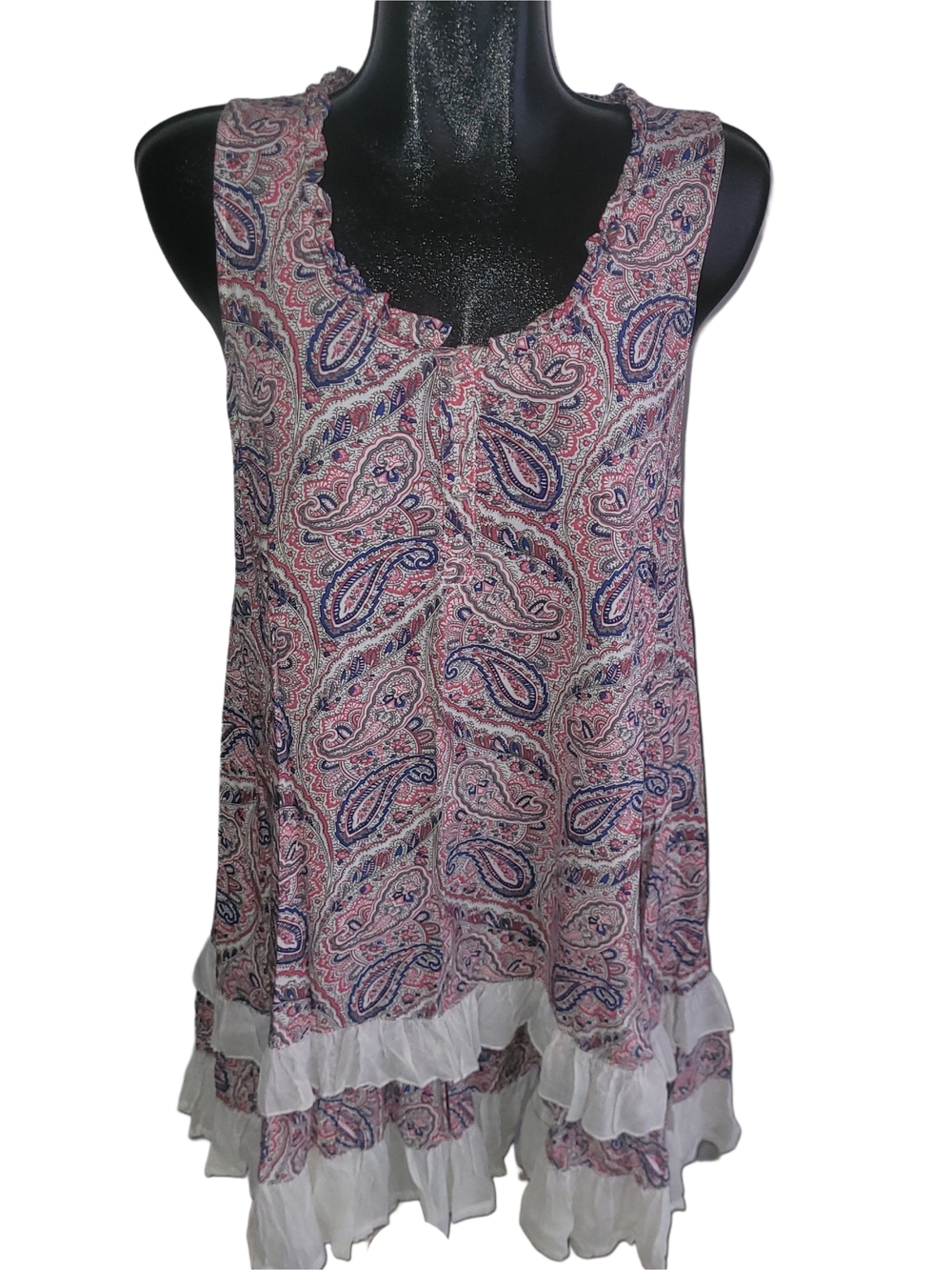 Papillon Pink and Blue Paisley Print Sleeveless Ruffle Shift Summer Dress L - Picture 2 of 7